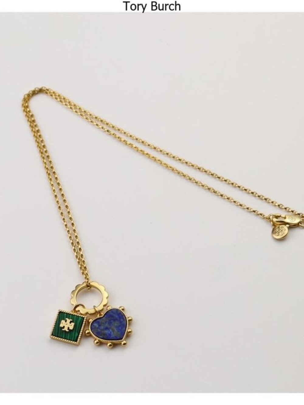 Tory Burch Gold Necklace with Green Enamel Square and Blue Heart Charm